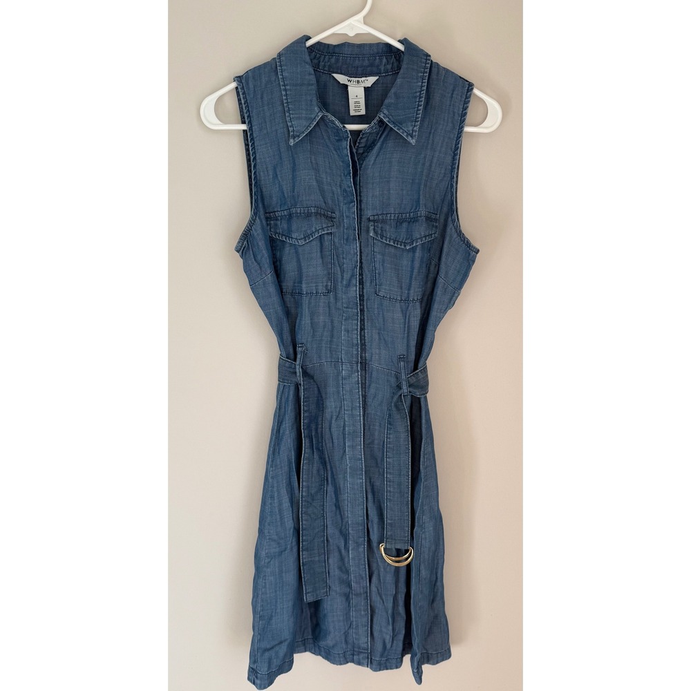 WHBM Shirt Dress 4 Blue Sleeveless Tencel Chambray Belted Utility Casual